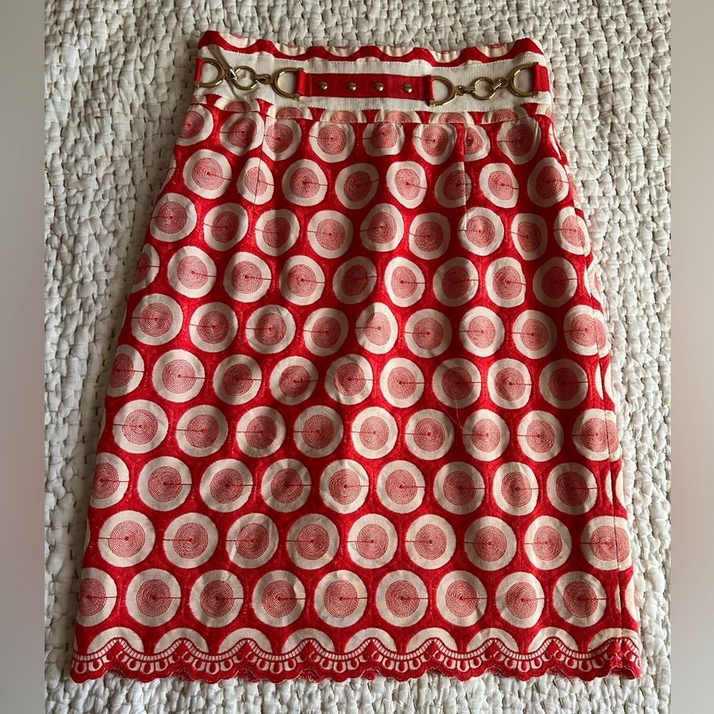 ANTONIO MELANI Red and Cream Circle-Print Pencil Skirt